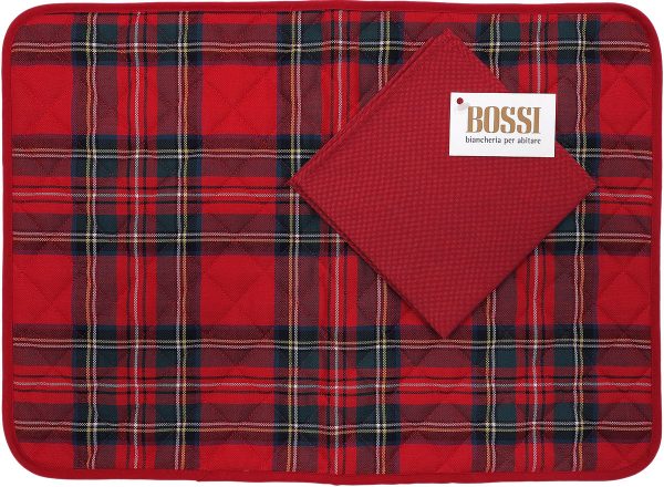Tovaglietta Americana Trapuntata Con Tovagliolo - Scozzese Lurex Rosso, Made In Italy