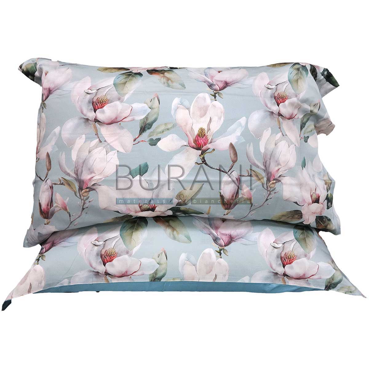 Federe fiorate raso di cotone - coppia acqua